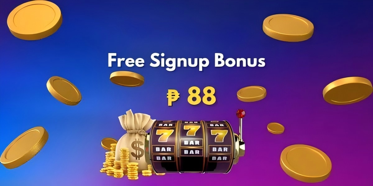 Promotional banner with a triple 777 slot machine, money bag, gold coins and a free signup bonus headline on a blue-purple gradient